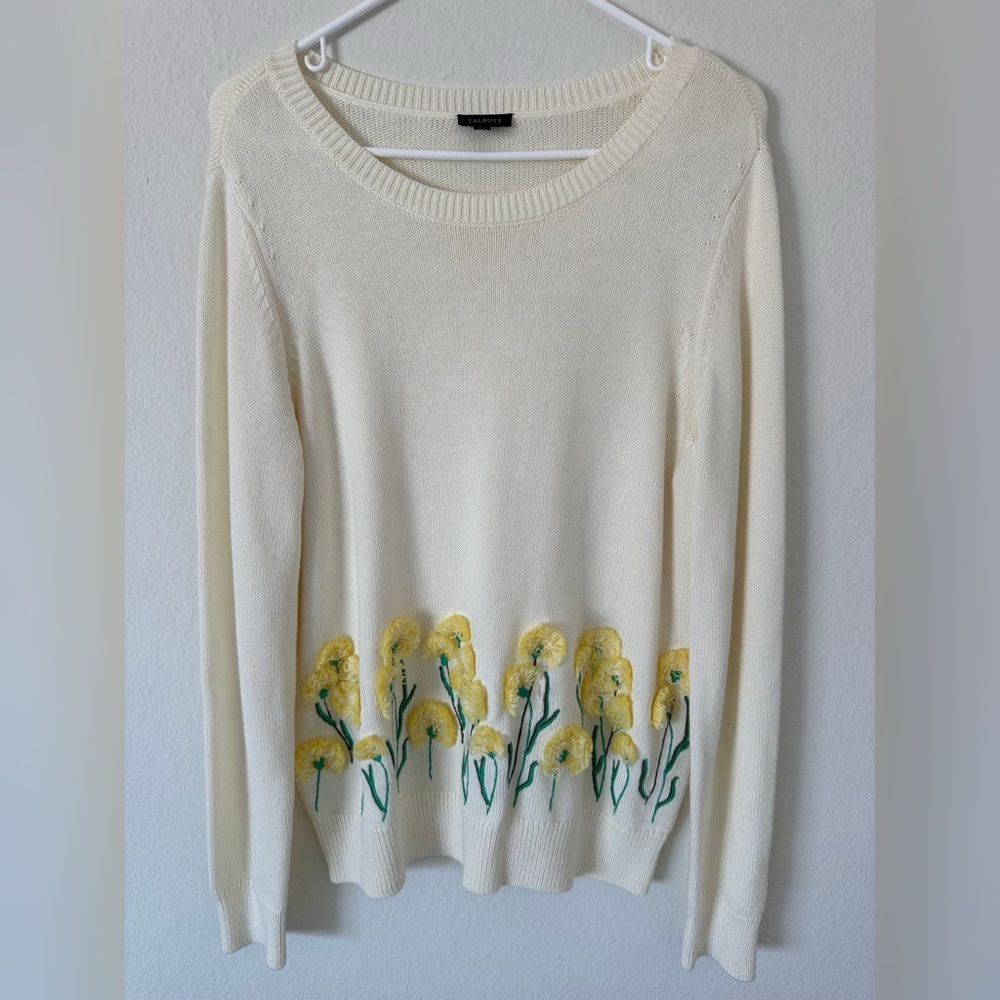 Talbots Yellow Floral Embroidered Sweater – Cream Knit, Size M